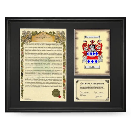 Dollder Framed Surname History and Coat of Arms - Black