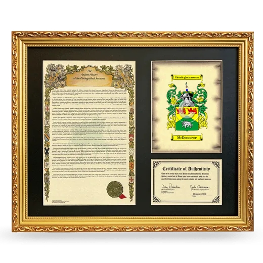 McDonnowe Framed Surname History and Coat of Arms- Gold