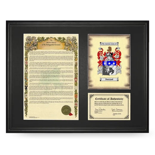 Durrynd Framed Surname History and Coat of Arms - Black