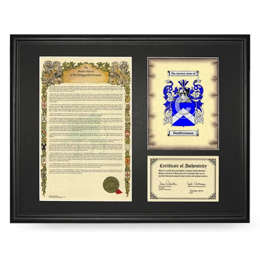 Doulttreman Framed Surname History and Coat of Arms - Black