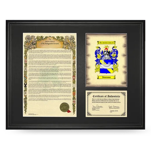 Dowsoun Framed Surname History and Coat of Arms - Black