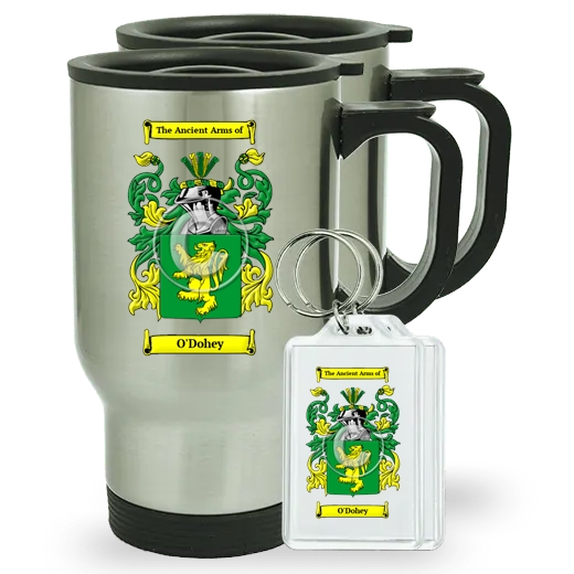 O'Dohey Pair of Travel Mugs and pair of Keychains