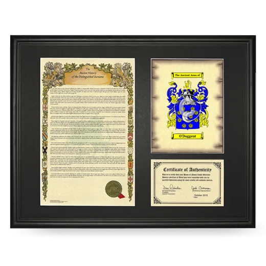 O'Duggent Framed Surname History and Coat of Arms - Black