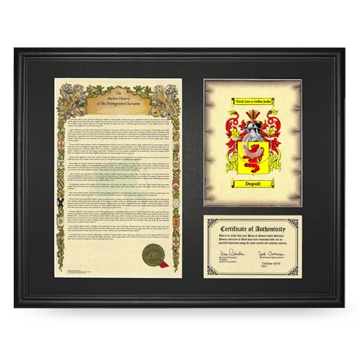 Dupuit Framed Surname History and Coat of Arms - Black