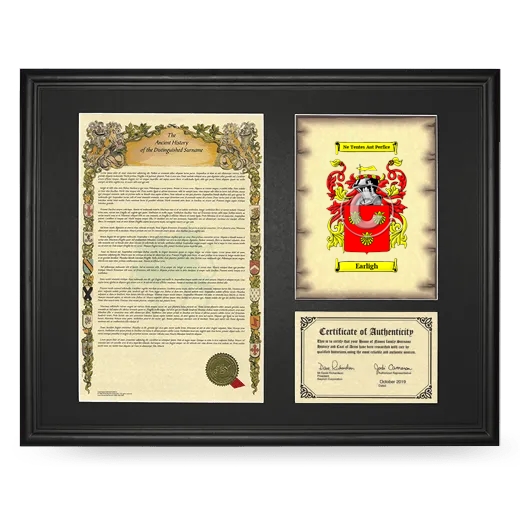 Earligh Framed Surname History and Coat of Arms - Black