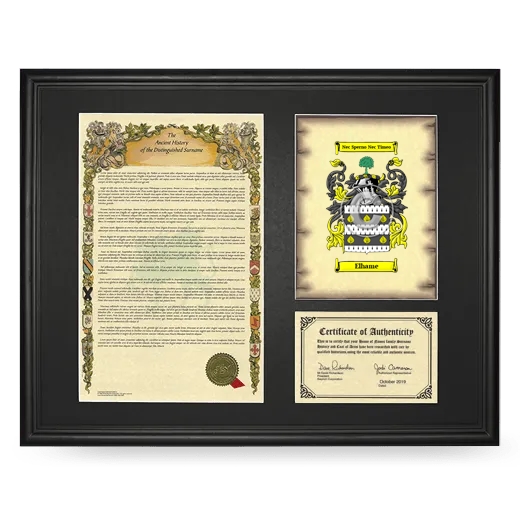 Elhame Framed Surname History and Coat of Arms - Black