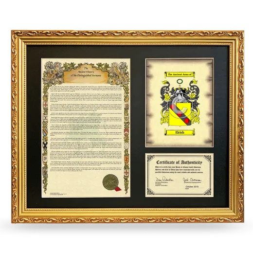 Elrish Framed Surname History and Coat of Arms- Gold