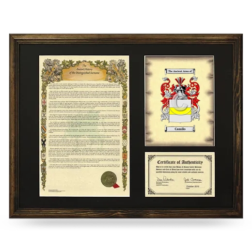 Camilo Framed Surname History and Coat of Arms - Brown