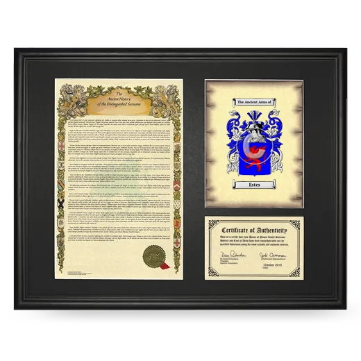 Estes Framed Surname History and Coat of Arms - Black