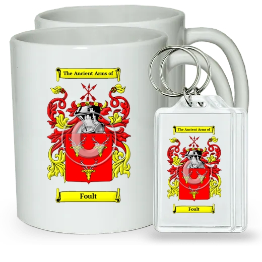 Foult Pair of Coffee Mugs and Pair of Keychains