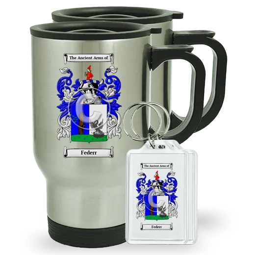 Federr Pair of Travel Mugs and pair of Keychains