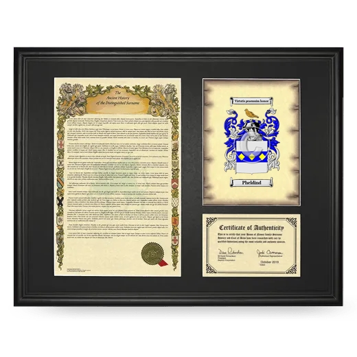 Pheldind Framed Surname History and Coat of Arms - Black