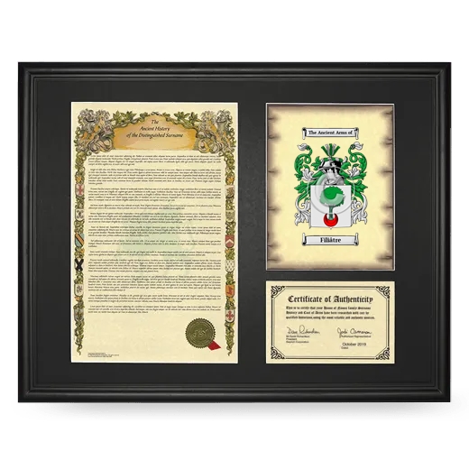 Filiâtre Framed Surname History and Coat of Arms - Black