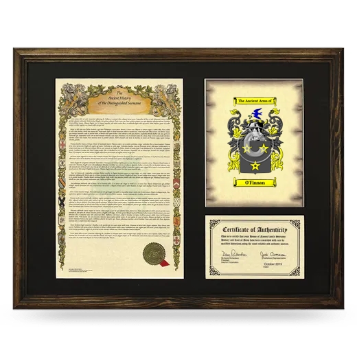 O'Finnan Framed Surname History and Coat of Arms - Brown