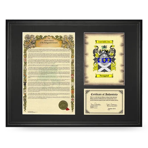 Paroggind Framed Surname History and Coat of Arms - Black