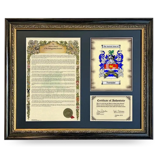 Foremint Framed Surname History and Coat of Arms- Heirloom