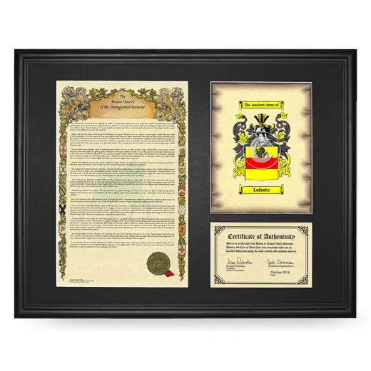 Loforte Framed Surname History and Coat of Arms - Black