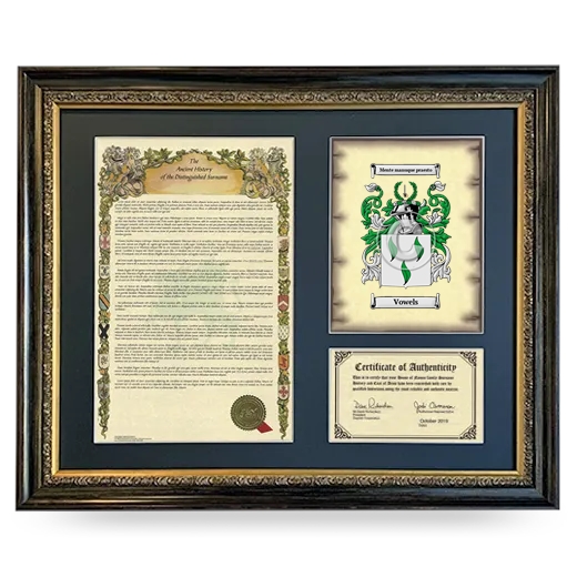 Vowels Framed Surname History and Coat of Arms- Heirloom