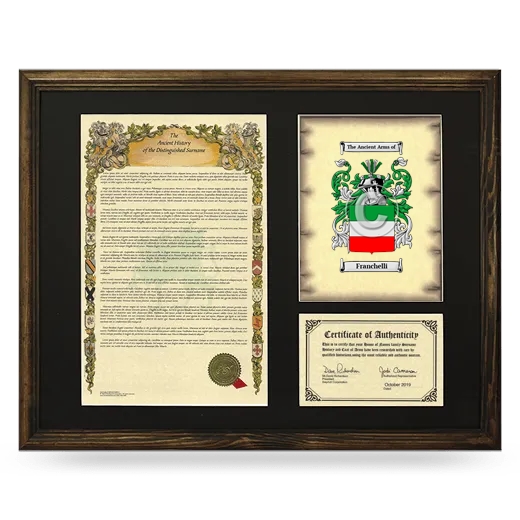 Franchelli Framed Surname History and Coat of Arms - Brown