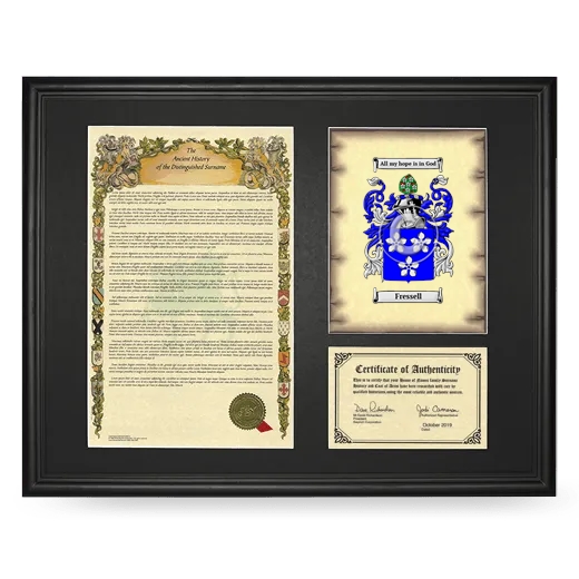 Fressell Framed Surname History and Coat of Arms - Black