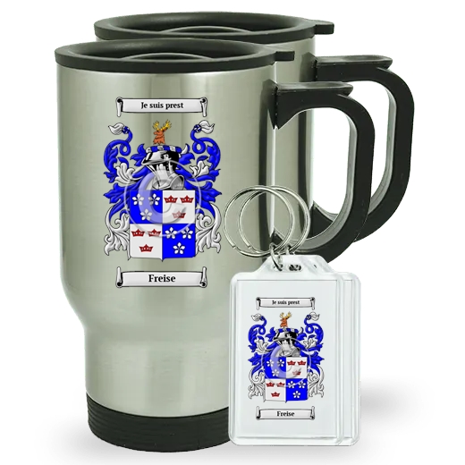 Freise Pair of Travel Mugs and pair of Keychains