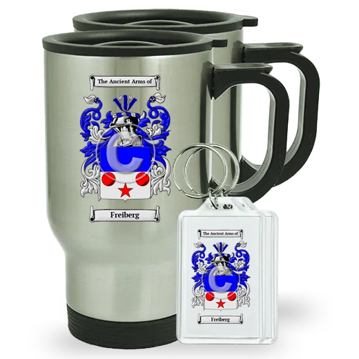 Freiberg Pair of Travel Mugs and pair of Keychains