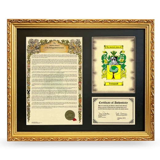 Fresnault Framed Surname History and Coat of Arms- Gold