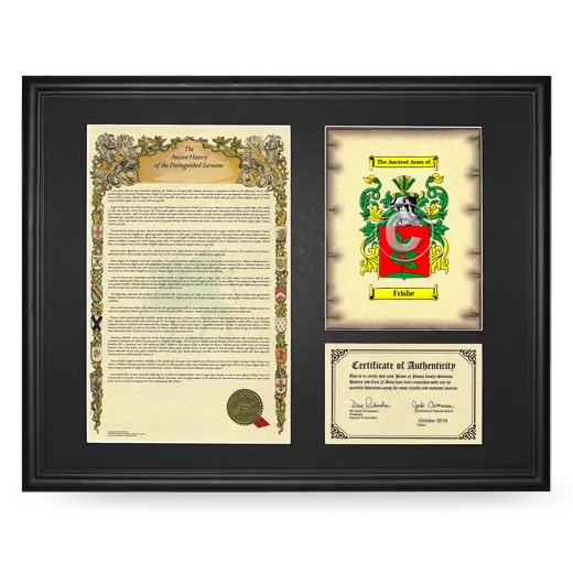 Frishe Framed Surname History and Coat of Arms - Black