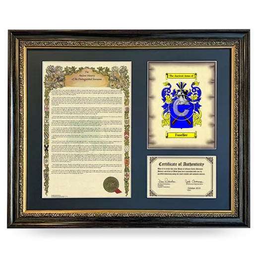 Fuselier Framed Surname History and Coat of Arms- Heirloom