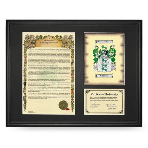 Guarseas Framed Surname History and Coat of Arms - Black