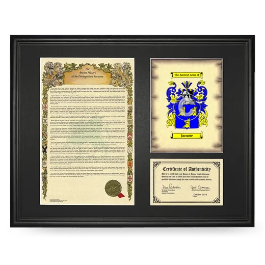 Jarnote Framed Surname History and Coat of Arms - Black