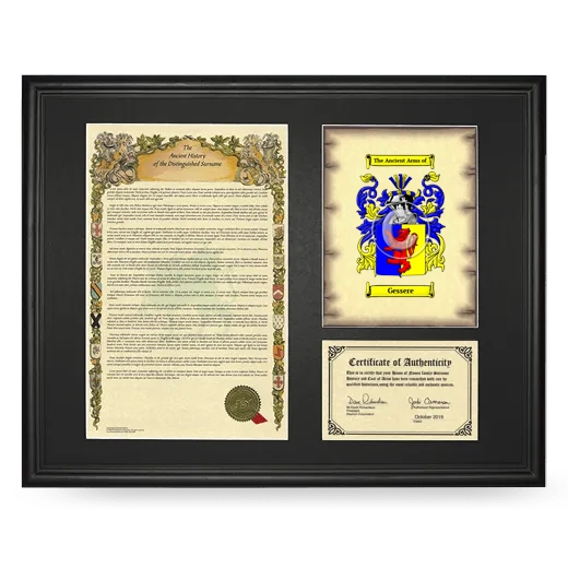 Gessere Framed Surname History and Coat of Arms - Black