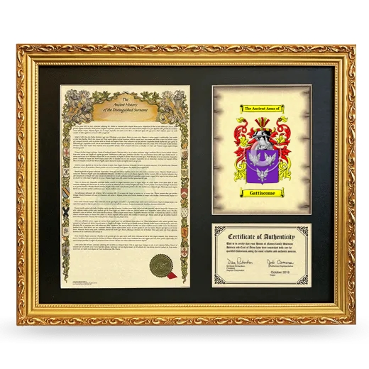 Gattiscome Framed Surname History and Coat of Arms- Gold