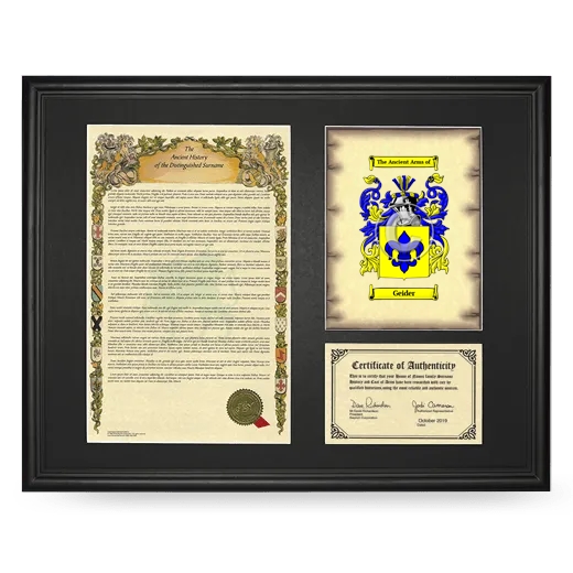 Geider Framed Surname History and Coat of Arms - Black