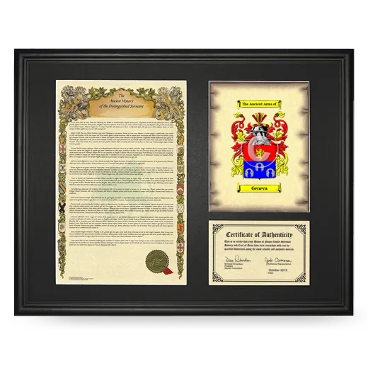 Geneva Framed Surname History and Coat of Arms - Black
