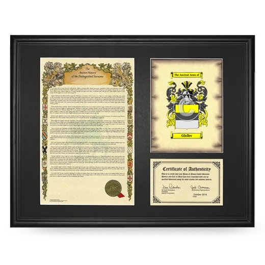 Gfaller Framed Surname History and Coat of Arms - Black