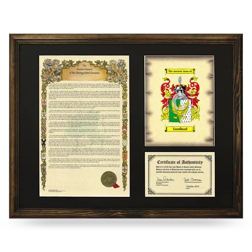 Goodland Framed Surname History and Coat of Arms - Brown
