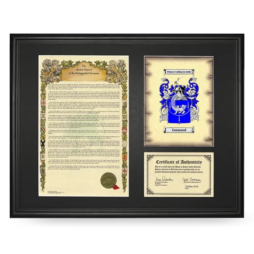 Gormand Framed Surname History and Coat of Arms - Black