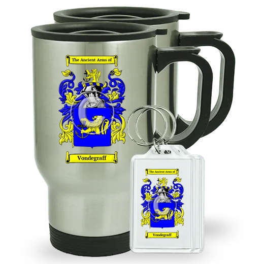 Vondegraff Pair of Travel Mugs and pair of Keychains