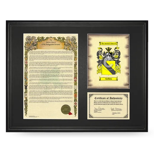 Greben Framed Surname History and Coat of Arms - Black