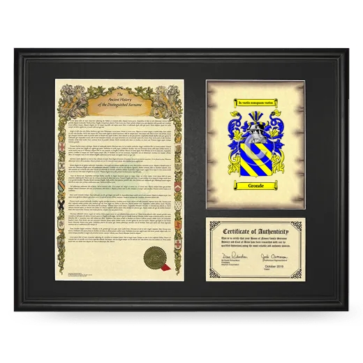 Gronde Framed Surname History and Coat of Arms - Black