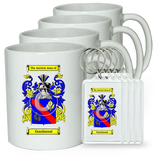 Graziussai Set of 4 Coffee Mugs and Keychains