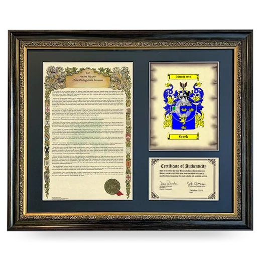 Greek Framed Surname History and Coat of Arms- Heirloom