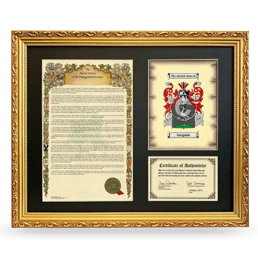 Gregorie Framed Surname History and Coat of Arms- Gold