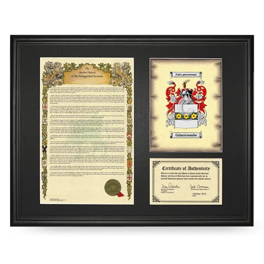 Grimstoombe Framed Surname History and Coat of Arms - Black