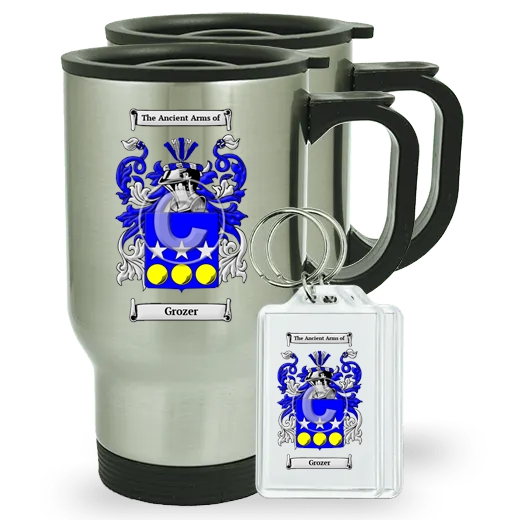 Grozer Pair of Travel Mugs and pair of Keychains