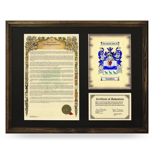 Groudeau Framed Surname History and Coat of Arms - Brown