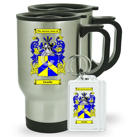 Gruebe Pair of Travel Mugs and pair of Keychains