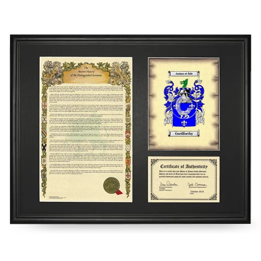 Gueilforthy Framed Surname History and Coat of Arms - Black