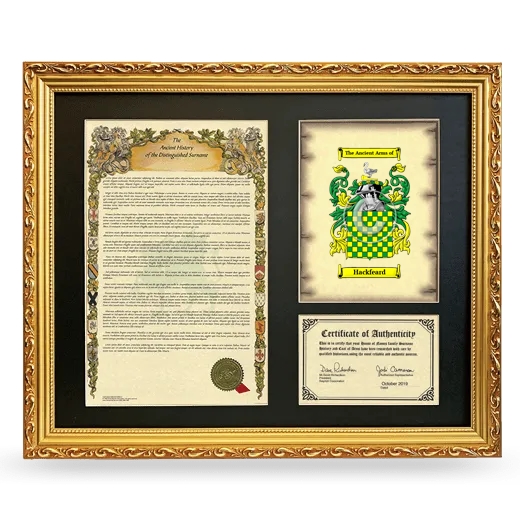 Hackfeard Framed Surname History and Coat of Arms- Gold